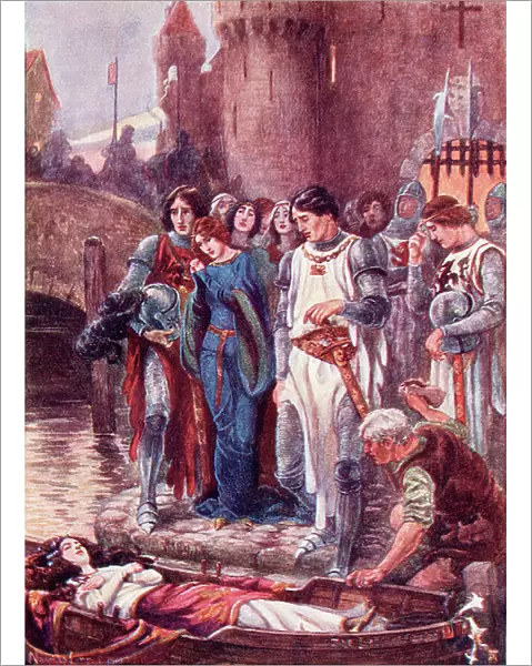 Lancelot looks at the dead Lady of Shalott on her arrival at Camelot. Coloured illustration from the book The Gateway to Tennyson published 1910