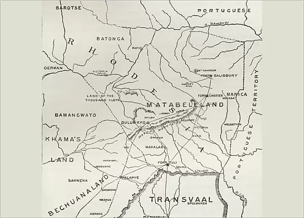 Map of Matabeleland in the late 19th century, from South Africa and the Transvaal War: Vol. 1 by Louis Creswicke, published 1900 (litho)