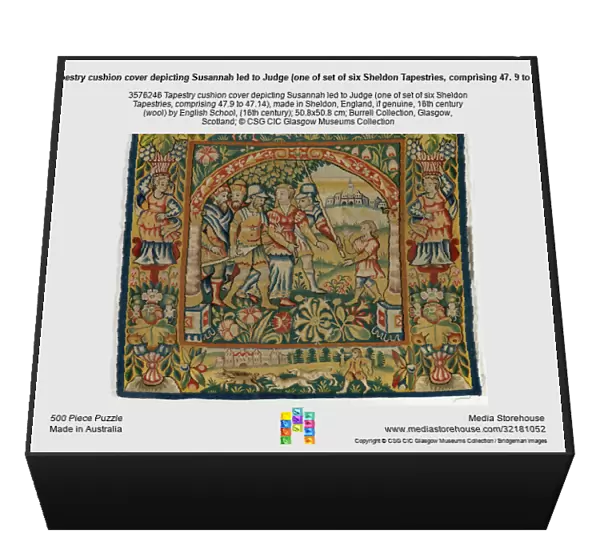 Tapestry cushion cover depicting Susannah led to Judge (one of set of six Sheldon Tapestries, comprising 47. 9 to 47. 14), made in Sheldon, England, if genuine, 16th century (wool)