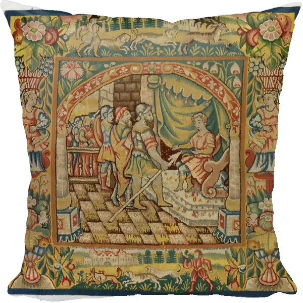 Tapestry cushion cover depicting The Elders before Daniel (one of set of six Sheldon Tapestries, comprising 47. 9 to 47. 14), made in Sheldon, England, if genuine, 16th century (wool)