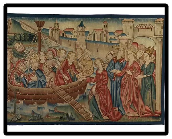 Tapestry panel depicting the Meeting of St Ursula and Prince Artherius in Mayence, from Middle Rhineland, end of 15th century (wool & metallic thread)