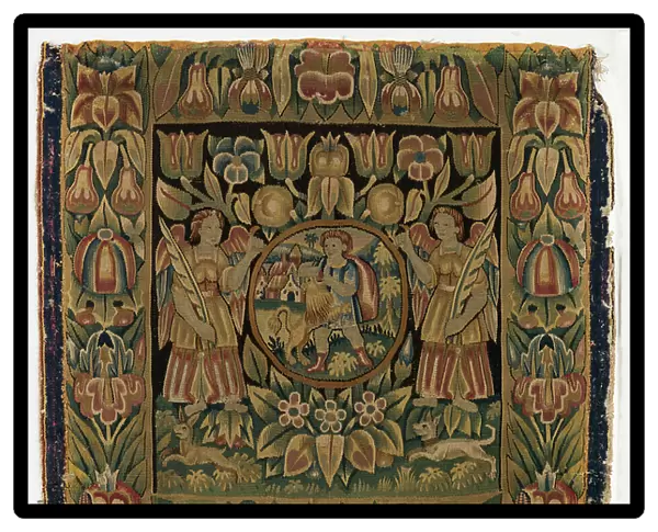 Tapestry, Samson and the Lion in roundel suspended by two angels, made in Amsterdam, Holland or Hamburg, Germany, early 17th century (wool)