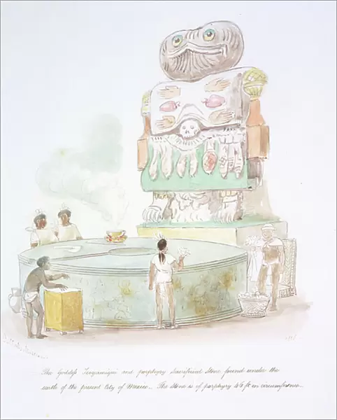 Goddess Teoyaomqui and porphyry sacrificial stone, c. 1843-50 (watercolour)