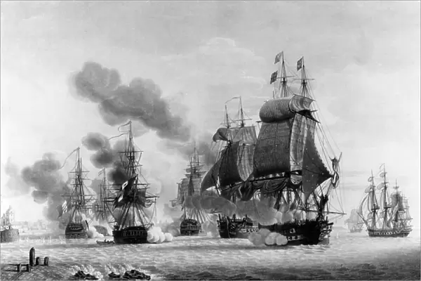 Naval battle on february 24, 1809 between French navy and english navy in Sables d'Olonne roads, engraving by Aubertin after Louis-Philippe Crepin