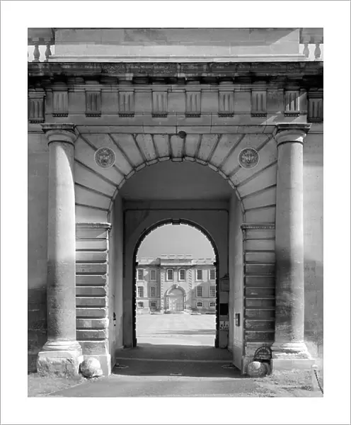 Detail of the gatehouse looking through to the castle at Kimbolton, from The Country Houses of Robert Adam, by Eileen Harris, published 2007 (b / w photo)
