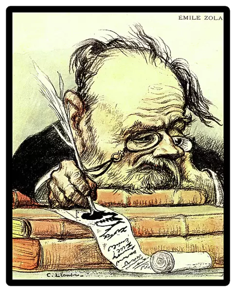 Cartoon by Emile Zola (1840-1902) writing, visibly lacking inspiration - Illustration by Charles Leandre in 'The Rire', 1897 - Private collection