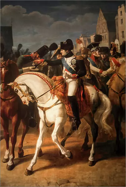 Napoleon gives the cross of the legion of honor to a russian soldier in Tilsitt 1808 (oil on canvas)