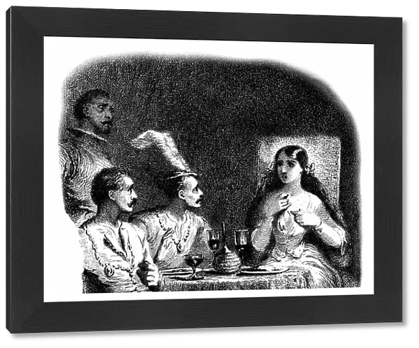 A young woman and three men standing in front of glasses of wine. -Detail of an engraving (etching) by Tony Johannot (Antoine Johannot, dit, 1803-1853) illustrating one of Charles Nodier's Tales