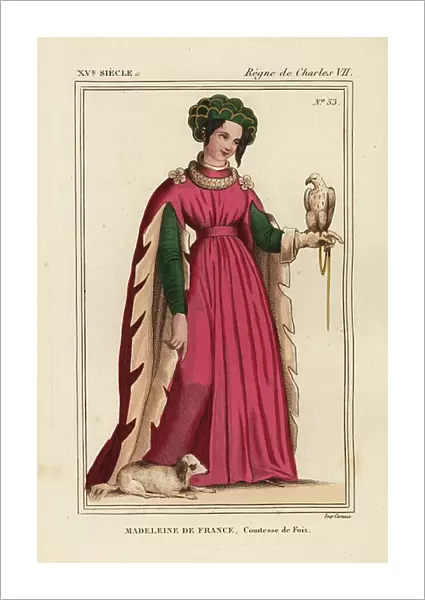 Madeleine de France, Countess de Foix, daughter of King Charles VII of France, 1443-1495. She wears a pink robe with long angel-wing sleeves (manche a l'ange), holds a falcon on her gloved left hand and has a spaniel at her feet