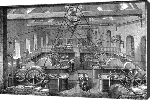 Paper industry: workshop for refining and whitening paper pulp. Engraving 1867