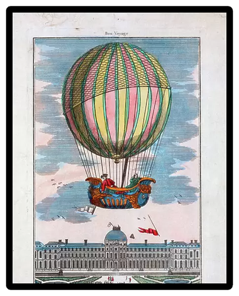 Jacques Alexandre Cesar Charles and Marie-Noel Robert riding in the gondola of a balloon ascending from the Tuileries Garden