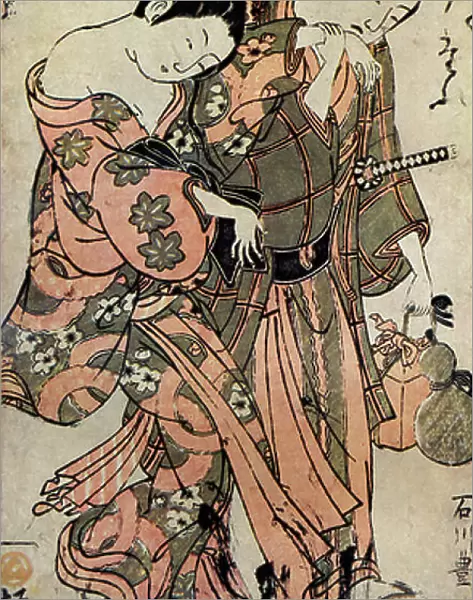 Japanese man and woman in kimonos, 18th century (print)