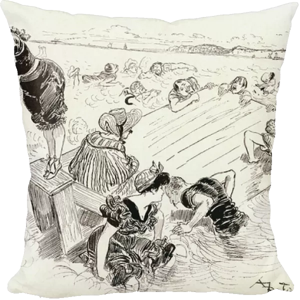 Sea baths: the raft. Engraving by Albert Robida, circa 1900