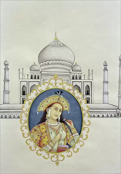 Portrait of Arjumand Banu Begum (d.1631) Mumtaz-i Mahal and the Taj Mahal, built to house her tomb by her husband Shah Jahan (1592-1666) (gouache and w / c on paper) (see 184169)