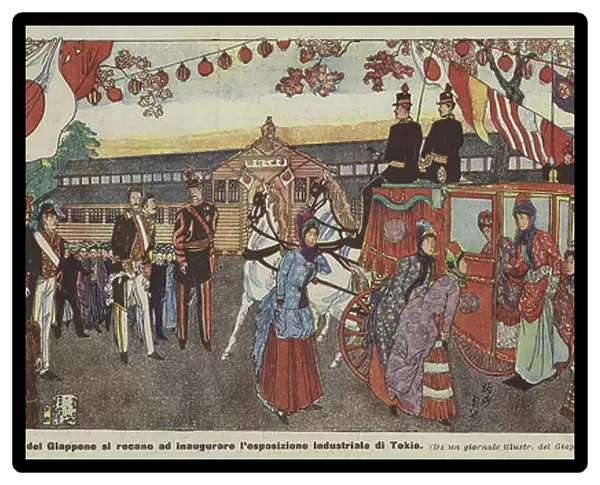 The Emperor and Empress of Japan go to inaugurate the Tokyo Industrial Exhibition (Colour Litho)