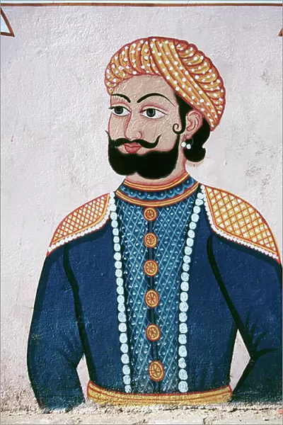 Wall Painting of Rajput Noble, Jaipur, Rajasthan, India