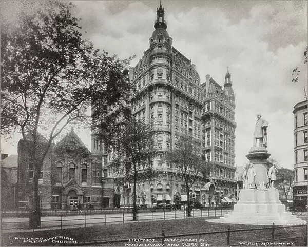 Rutger's Presbyterian church, the Ansoni Hotel and the Giuseppe Verdi Monument on Broadway