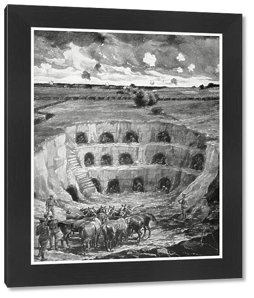 Three tiers of dug-outs in a sandpit, France (engraving)