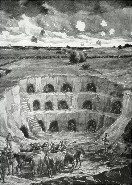 Three tiers of dug-outs in a sandpit, France (engraving)
