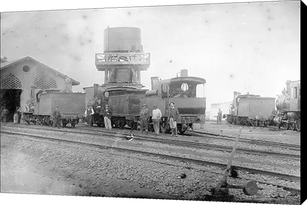 France: marshalling station with locomotive and water tank, 1900