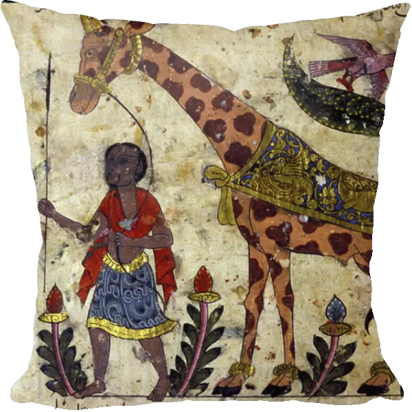 A giraffe held by her guardian. Arabic manuscript from Syria Kitab al-Hayawan (Zoology) 'The Book of Animals', by Al-Jahiz (Al Gahiz). Half of the 14th century, 15th century