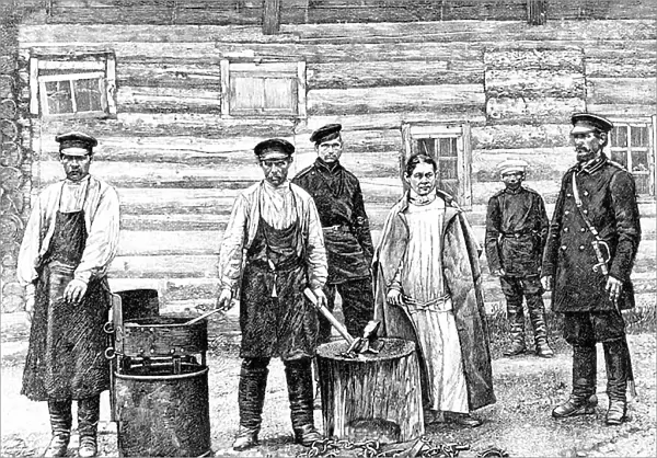 life of the political prisoners sent to camps in Russia : nihilist woman about to be clapped in irons in east Siberia in 1892, engraving by Devos after a photo