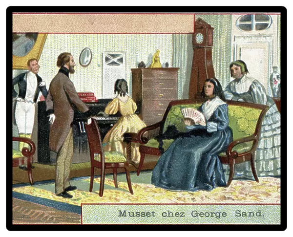 The poet Alfred de Musset (1810-1857) visits the writer George Sand (Aurore Dupin, Baronne Dudevant) (1804-1876) at Malaquais in Paris. End of the 19th century (chromolithograph)