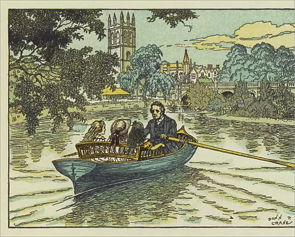 Lewis Carroll, aka Charles Lutwidge Dodgson, on the river in Oxford (colour litho)