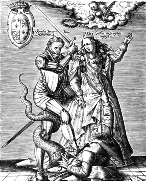French king Henri IV (1553-1610) delivering France (the coman) from the Catholic League of France, engraving