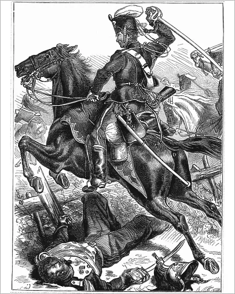 Franco-Prussian War 1870-1871: Prussian Hussar charging with sword drawn. Wood engraving
