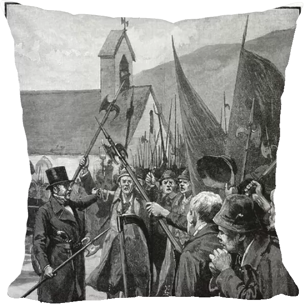 Muster of Irish nationalists at Mullinahone acclaiming as their leader William Smith 0'Brien (1803-1864), July 1848. Insurrection failed. Wood engraving c1885