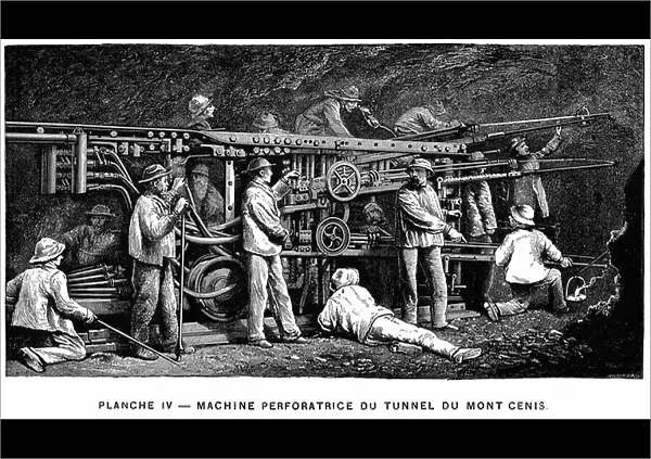Germain Sommeiller's (1815-1871) compressed air rock drill used in the Mont Cenis and St Gothard railway tunnels. Sommeiller engineer of Mont Cenis tunnel. Wood engraving, Paris, 1874
