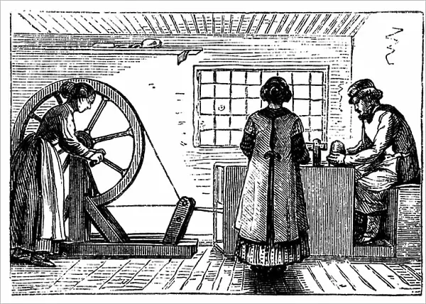 Potter's workshop with woman turning the wheel and girl baller supplying the potter with lumps of clay of the correct weight for the next vessel to be thrown. Woodcut c1860