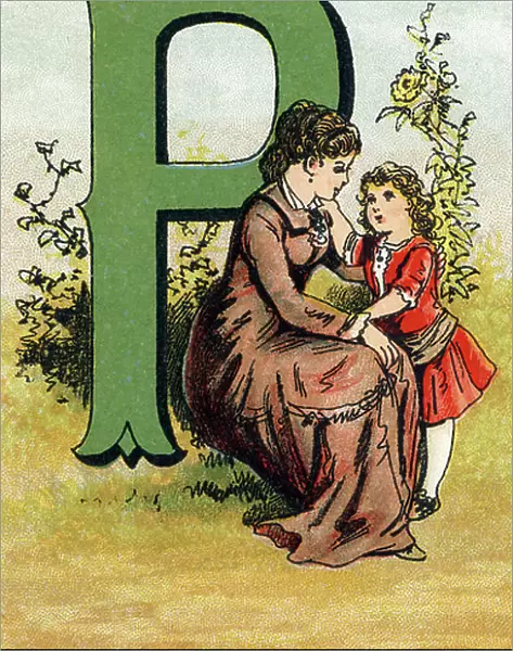 Letter P. A little girl talking to her mother. Engraving (Chromolithography - Chromo) in ' The Great Bebe Alphabet'. Paul Bernardin, bookseller-publisher, Paris, circa 1900. Bibliotheque des Bebes. 12 pages
