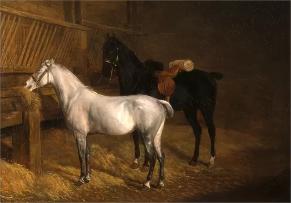 A Grey Pony and a Black Charger in a Stable Signed, lower right: J. L. Agasse'