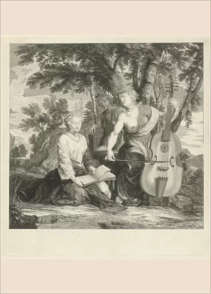 Landscape with three music-making muses, Eustache Lesueur Bernard Picart, 1683 - 1733