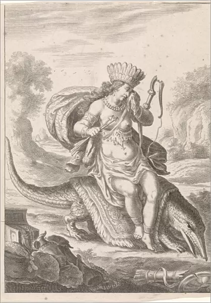 Female personification of America as a woman with headdress of feathers and bows