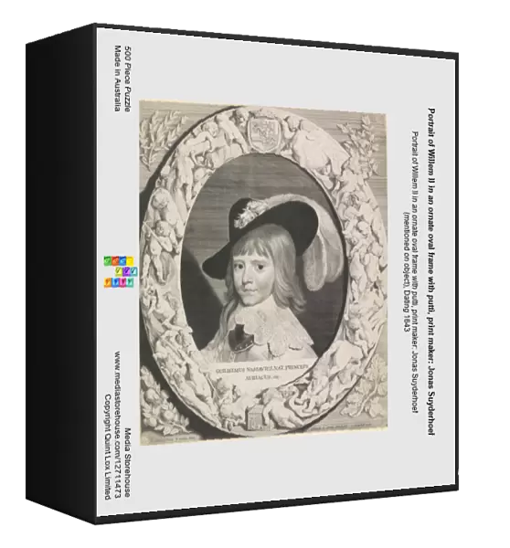 Portrait of Willem II in an ornate oval frame with putti, print maker: Jonas Suyderhoef