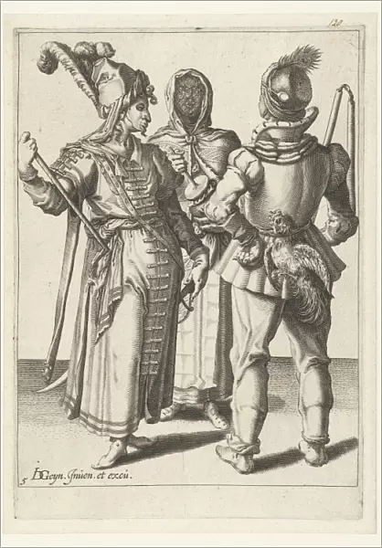 A veiled woman and two masked men, one with a cock on his belt, Jacob de Gheyn (II)