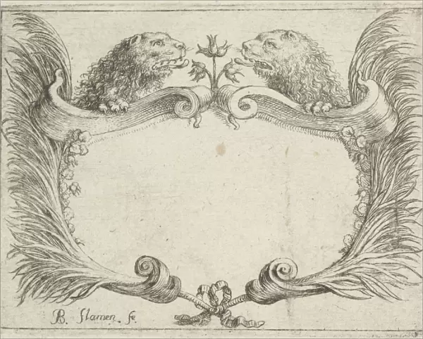 Cartouche with lion heads, Albert Flamen, 1648 - 1692