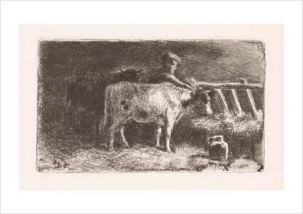 Farmer between two cows in a stable (small version), Jan Vrolijk, 1860 - 1894