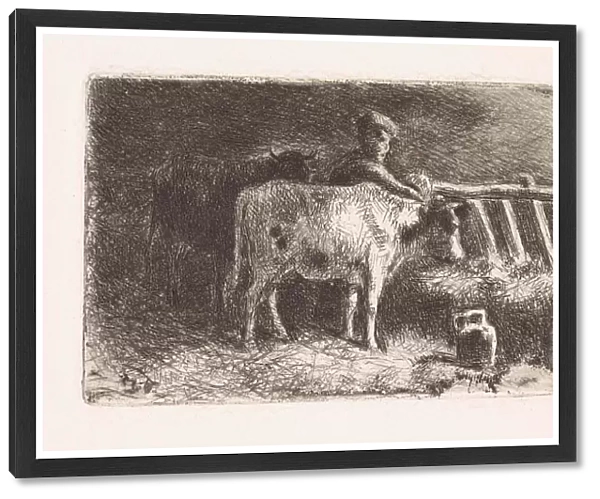 Farmer between two cows in a stable (small version), Jan Vrolijk, 1860 - 1894