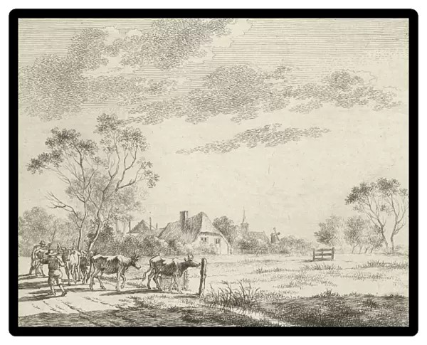 Landscape with farm and pasture, a path with two farmers who drive the cows to the