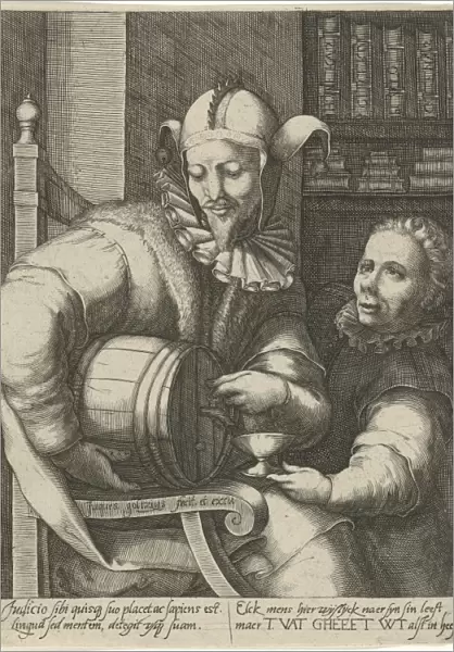 Jester with wine cask, Jacob Goltzius (II), Anonymous, 1584 - 1630