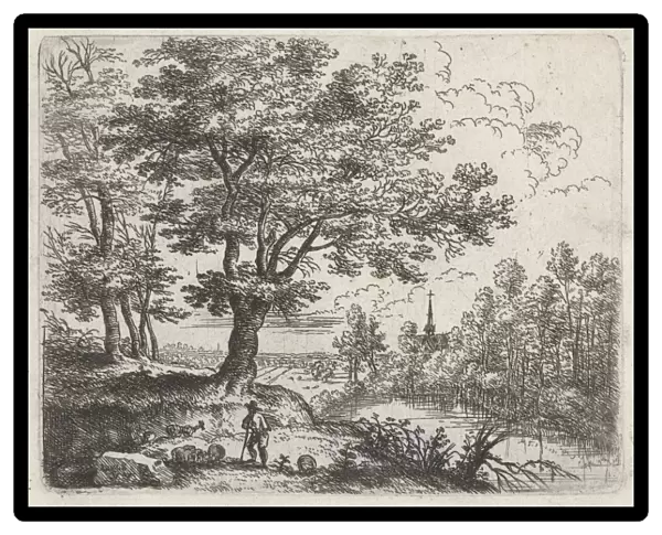 Landscape with a shepherd and in the distance a church near the water, print maker