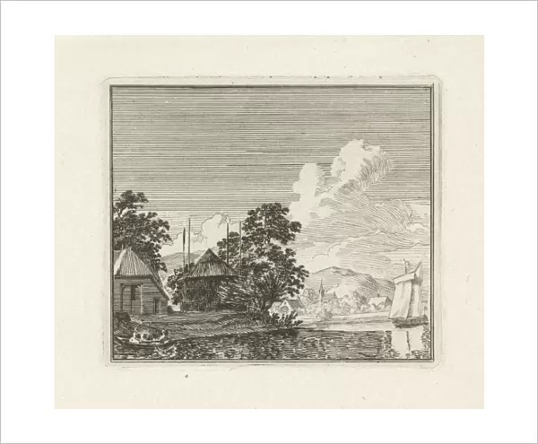 River view with a haystack, print maker: Hendrik Hoogers, 1757 - 1814