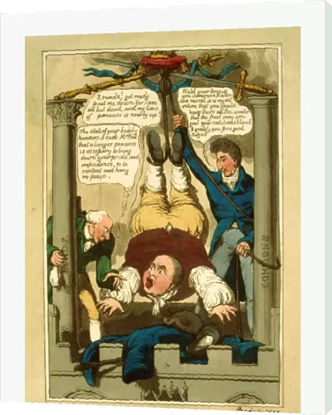Suspension of the habeas corpus, 1817, John Bull suspended by his feet between two
