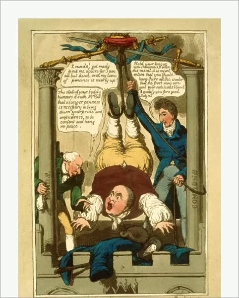 Suspension of the habeas corpus, 1817, John Bull suspended by his feet between two