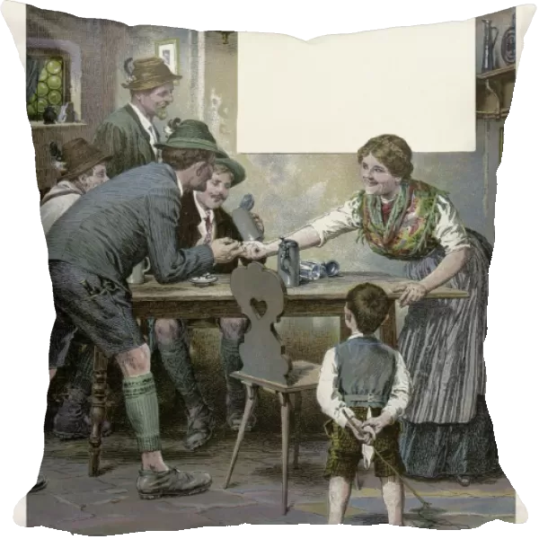 In the pub by Josef Mukarovsky, 1851-1921, German. man, woman, child, boy, beer jug