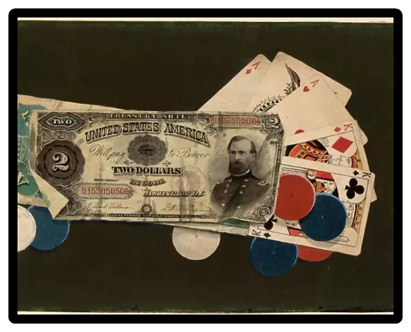 American 19th Century, Trompe l Oeil: A Full House with Chips, $2 and $5 Bills, c